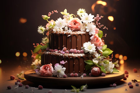 Indulgent chocolate cake adorned with blooming flowers. A high quality image making by generative ai.の素材