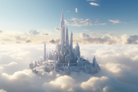 Immerse yourself in a tech city above the clouds in a fantasy setting. A high quality image making by generative ai.の素材