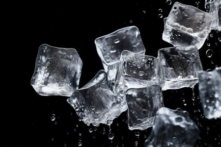Ice cubes stacked with water droplets created a striking image against a black background. A high quality image making by generative ai.の素材