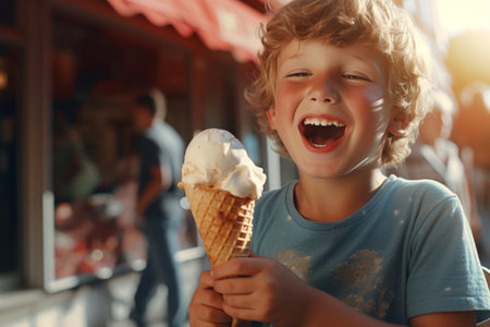 Kid enjoys a delicious ice cream in a medium shot. A high quality image making by generative ai.の素材