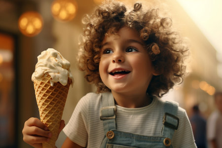 Kid enjoys a delicious ice cream in a medium shot. A high quality image making by generative ai.の素材