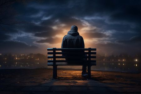 Lonely individual standing alone on a bench. A high quality image making by generative ai.の素材