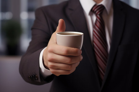Man holding a coffee cup, giving a thumbs up. A high quality image making by generative ai.の素材