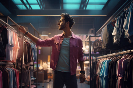 Man exploring a clothing store in the fast fashion concept. A high quality image making by generative ai.の素材