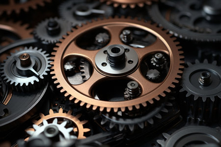 Metal cogwheels gears are captured in a close-up detail. A high quality image making by generative ai.の素材