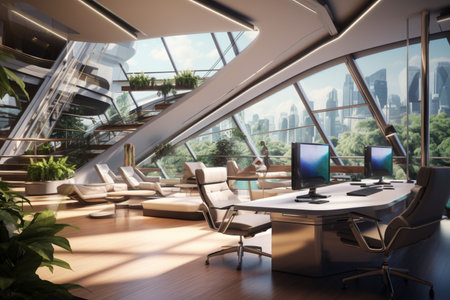 Modern office setting with futuristic elements. A high quality image making by generative ai.の素材