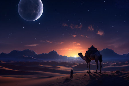 Moon and camel showcased in a digital art wallpaper. A high quality image making by generative ai.の素材