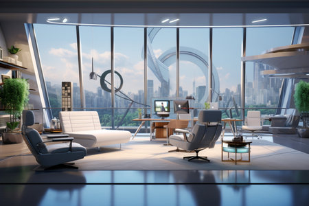 Modern office setting with futuristic elements. A high quality image making by generative ai.の素材