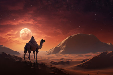 Moon and camel showcased in a digital art wallpaper. A high quality image making by generative ai.の素材