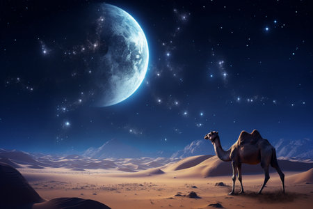 Moon and camel showcased in a digital art wallpaper. A high quality image making by generative ai.の素材