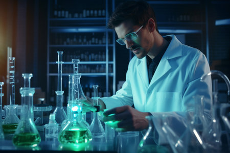male chemist conducting experiments in the lab. A high quality image making by generative ai.の素材