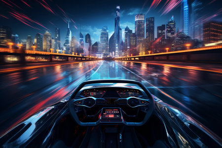 Navigate a car on a vibrant city at night. A high quality image making by generative ai.の素材