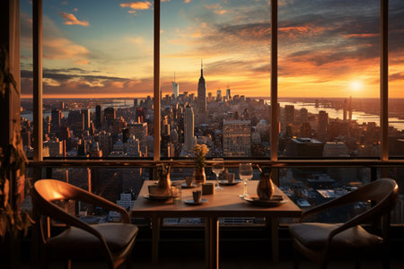 New York City at sunset captured from a restaurant. A high quality image making by generative ai.の素材