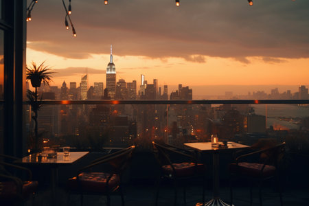 New York City at sunset captured from a restaurant. A high quality image making by generative ai.の素材