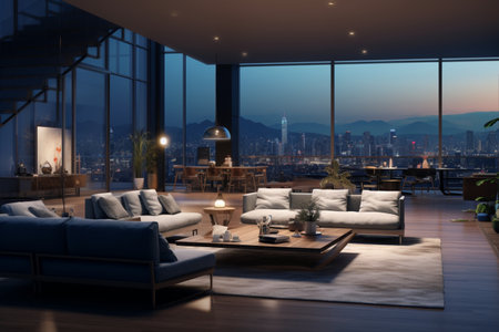 Panoramic composition of a living room. A high quality image making by generative ai.の素材