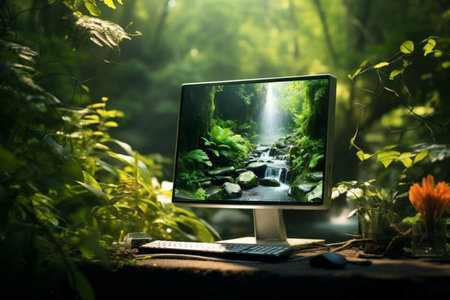 Personal computer surrounded by lush vegetation. A high quality image making by generative ai.の素材