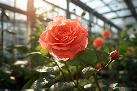 Rose blooming in a greenhouse, showcasing its beauty. A high quality image making by generative ai.の素材