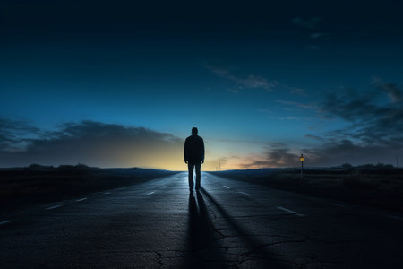 Silhouetted man on an isolated and empty road. A high quality image making by generative ai.