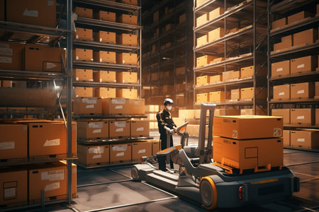 Smart robotic warehouse managing business operations. A high quality image making by generative ai.の素材