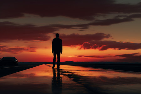 Silhouette of a man on an empty road. A high quality image making by generative ai.の素材