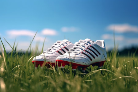 Soccer shoes placed on the field grass, awaiting action. A high quality image making by generative ai.の素材