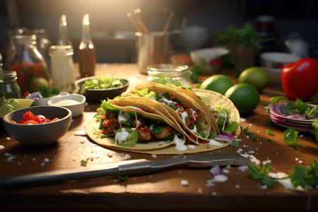 Tasty tacos showcased in a studio setting. A high quality image making by generative ai.の素材