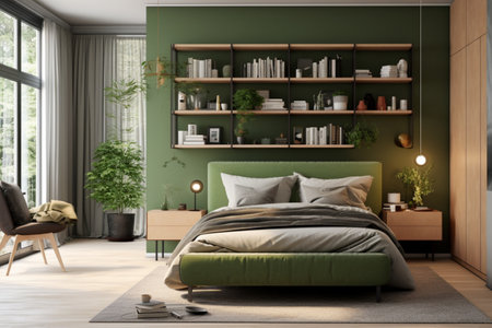 Step into a serene green bedroom adorned interior design. A high quality image making by generative ai.の素材
