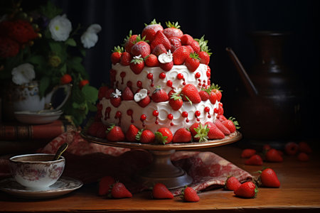 Sumptuous cake adorned with strawberries. A high quality image making by generative ai.の素材