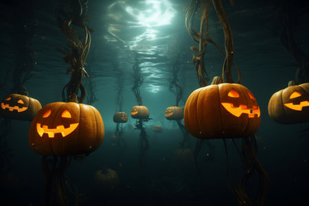 Submerged Halloween pumpkins create a spooky underwater display. A high quality image making by generative ai.の素材