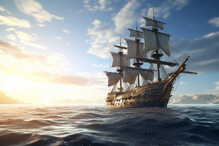 ship gracefully navigating on water. A high quality image making by generative ai.の素材