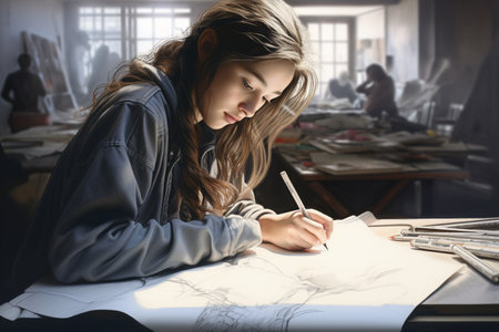 Watching young students express their creativity through drawing in school. A high quality image making by generative ai.の素材