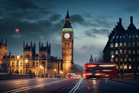The lit Big Ben tower creates a captivating scene in nighttime London. A high quality image making by generative ai.の素材