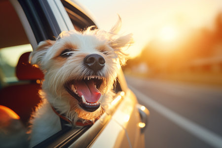 Witness the joy of a happy dog during a summer vacation, gazing out of a car window. A high quality image making by generative ai.の素材