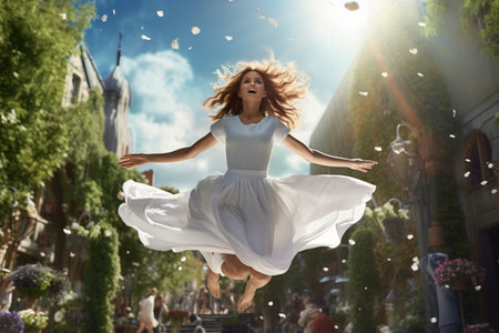 Woman captured mid-jump in a lively setting. A high quality image making by generative ai.の素材