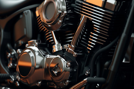 Zoomed-in perspective of motorcycle components. A high quality image making by generative ai.の素材