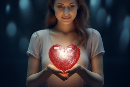 woman holding a heart-shaped object with affection. A high quality image making by generative ai.の素材