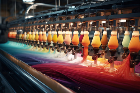 Textile workshop with colored silk threads on machines. A high quality image making by generative ai.の素材