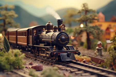 Toy-like train model captured in a nostalgic scene. A high quality image making by generative ai.の素材
