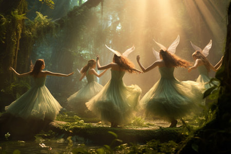 Mystical forest fairies dance amidst an enchanted setting. A high quality image making by generative ai.の素材
