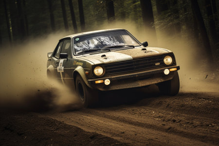 The adrenaline of rally racing comes alive as a car speeds through a forest, leaving a trail of dust. A high quality image making by generative ai.の素材
