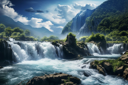 Marveling at the breathtaking cascade of a waterfall in a natural landscape. A high quality image making by generative ai.の素材