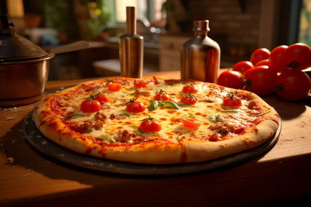 Tempting pizza presented indoors. A high quality image making by generative ai.の素材