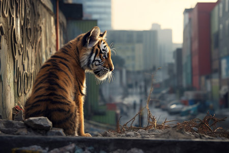Observing a young tiger navigating the urban landscape. A high quality image making by generative ai.の素材