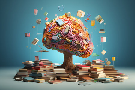 Witness an open book adorned with a paper brain atop a pile of vibrant, colorful books. A high quality image making by generative ai.の素材