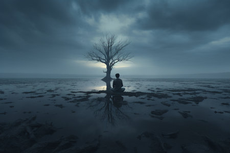 A lone figure in an imagined environment captures the essence of loneliness in artistic execution. A high quality image making by generative ai.の素材