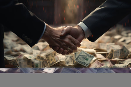A handshake sealed a deal with a new employee amidst piles of money. A high quality image making by generative ai.の素材