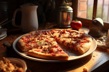 Tempting pizza presented indoors. A high quality image making by generative ai.の素材