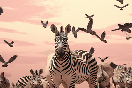 Life of birds, rhinos, and zebras captured in block print style. A high quality image making by generative ai.の素材