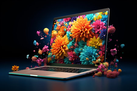 Laptop blooming with colors, representing a creative idea. A high quality image making by generative ai.の素材