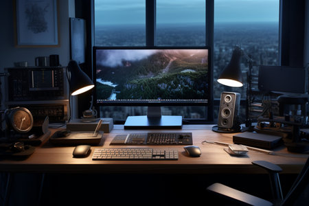 Setting up a workstation complete with a computer and peripheral devices. A high quality image making by generative ai.の素材